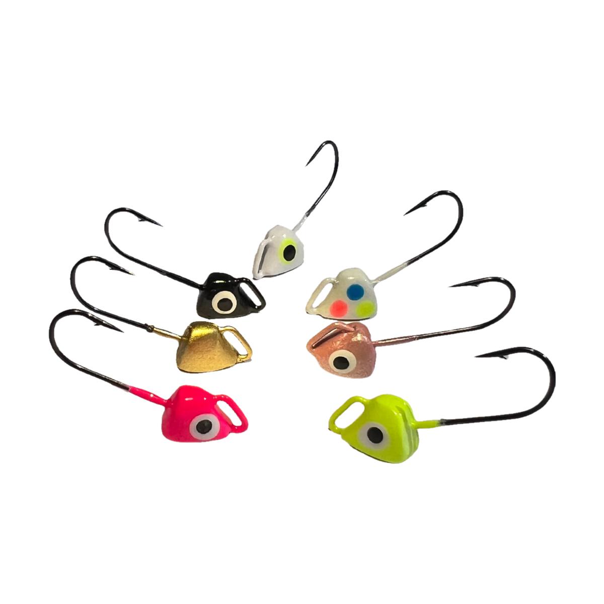 Six fishing lures with large round eyes and split hooks, shown on a plain white background. The lures come in multiple colors including pink, gold, black, white, copper, and neon yellow-green.