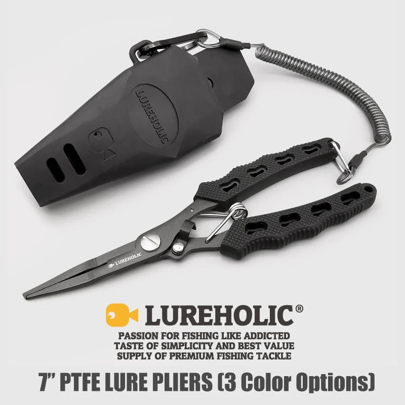 Lureholic 7” PTFE Coated Lure Fishing Pliers, 18cm/72g, Remove Hook, Cut Braided Line, With Soft Rubber Sheath and Lanyard