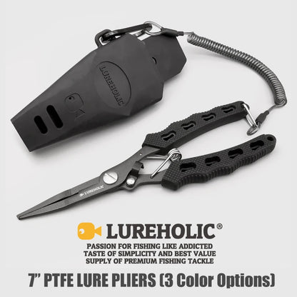 Lureholic 7” PTFE Coated Lure Fishing Pliers, 18cm/72g, Remove Hook, Cut Braided Line, With Soft Rubber Sheath and Lanyard