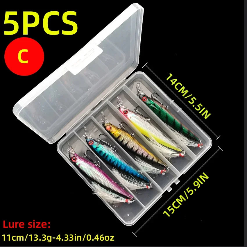 5pcs/box Laser 3D Eyes Bionic Minnow Fishing Lure -13.3g/6.8g Hard Bait with Feather Treble Hooks for Maximum Catch