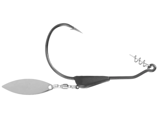 A fishing lure with a curved metal hook, a black body, a small wire spiral, and a silver paddle blade, shown on a plain white background.