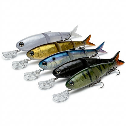 Five colorful fishing lures on a white background