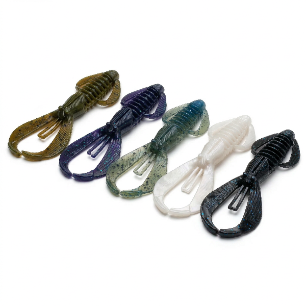Five colorful fishing lures on a white background