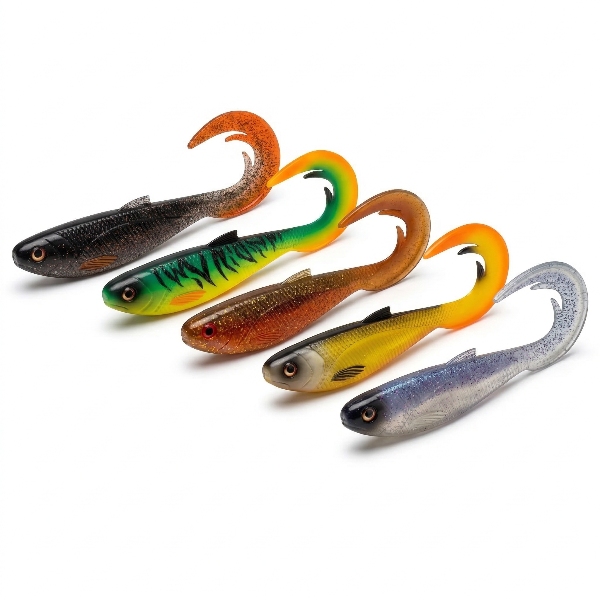Five colorful fishing lures on a white background