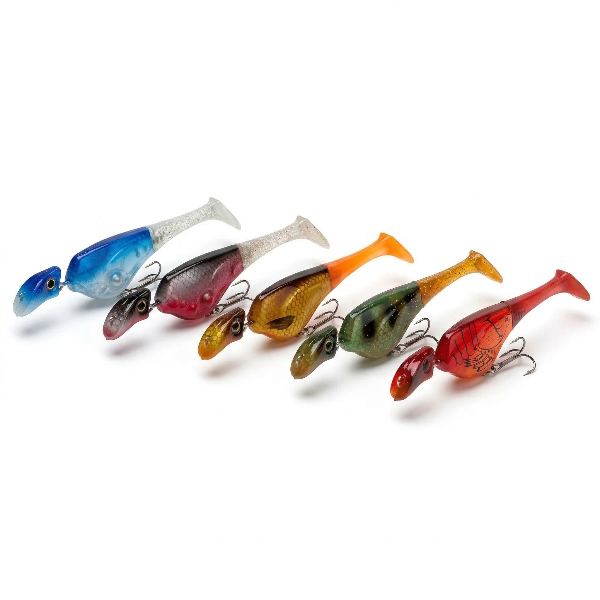Set of colorful fishing lures on a white background