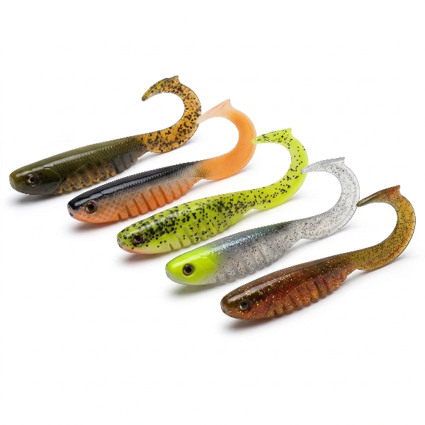 Five colorful fishing lures on a white background