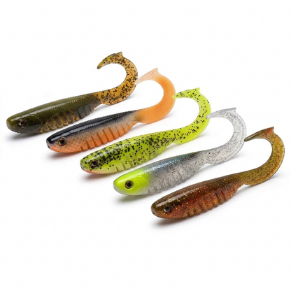 Five colorful fishing lures on a white background