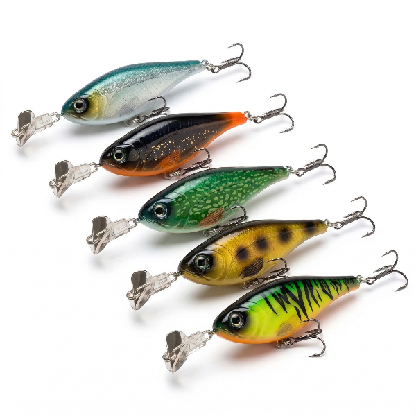 Five colorful fishing lures on a white background