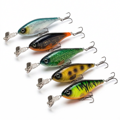 Five colorful fishing lures on a white background