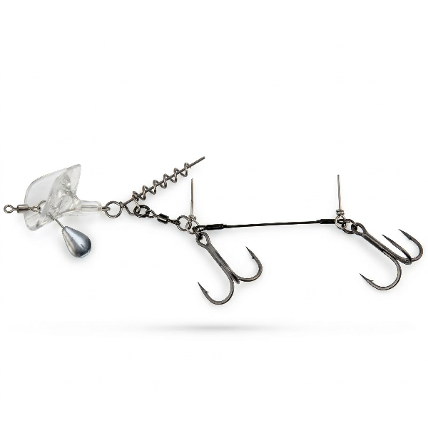 Fishing lure with multiple hooks and weights on a white background