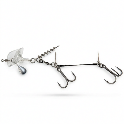 Fishing lure with multiple hooks and weights on a white background
