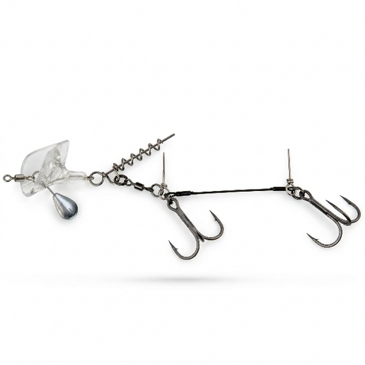 Fishing lure with multiple hooks and weights on a white background
