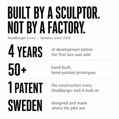 A text-based promotional graphic for Headbanger Lures with bold black and gray text on a white background, highlighting 4 years of development, 50+ hand-built prototypes, 1 patent, and Sweden as the design and manufacturing country.