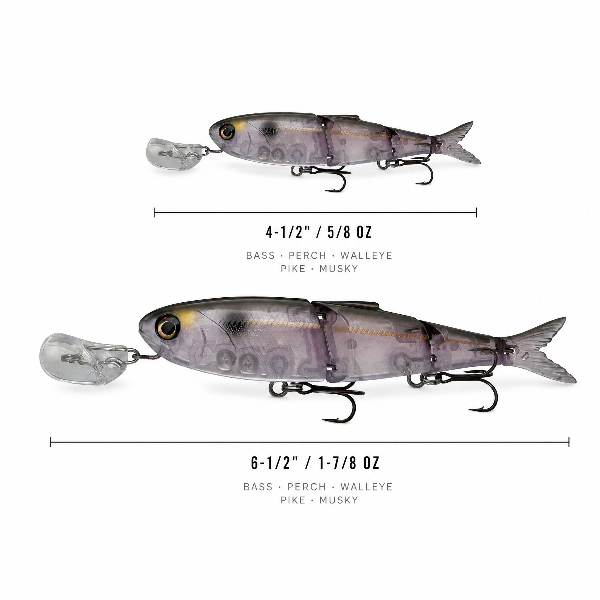 Two fishing crankbait lures shown on a white background with size and weight labels beneath each. The lures are translucent gray with black and yellow striping, clear diving lips, and treble hooks.