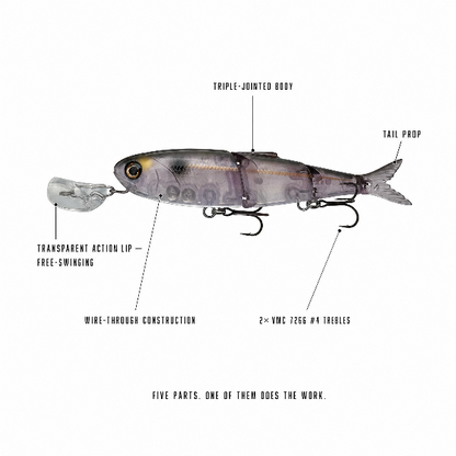 A labeled product diagram of a hard fishing lure on a white background, with callouts pointing to the transparent action lip, triple-jointed body, tail prop, wire-through construction, and 2x VMC 7266 #4 trebles.