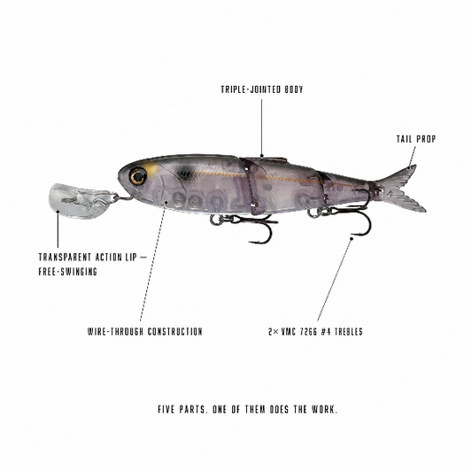 A labeled product diagram of a hard fishing lure on a white background, with callouts pointing to the transparent action lip, triple-jointed body, tail prop, wire-through construction, and 2x VMC 7266 #4 trebles.