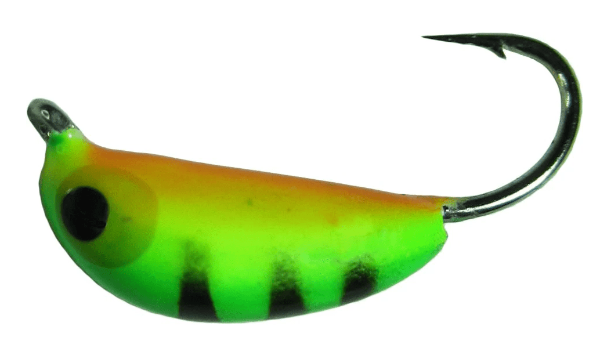 A bright green and orange fishing lure with black tiger stripes and a large black eye, attached to a curved silver metal hook, shown against a plain white background.