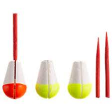 Set of four colorful fishing floats with red and white sticks on a white background