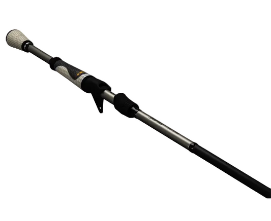 A telescopic metal rod, likely a fishing rod, featuring a textured white grip, black plastic collars, and a silver metallic shaft, isolated on a solid green background.