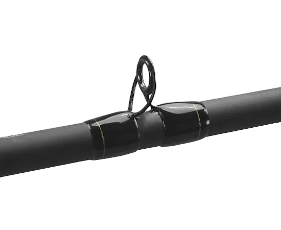 Close-up of a black fishing rod section with a glossy black reel seat and a black line guide, shown against a plain white background.