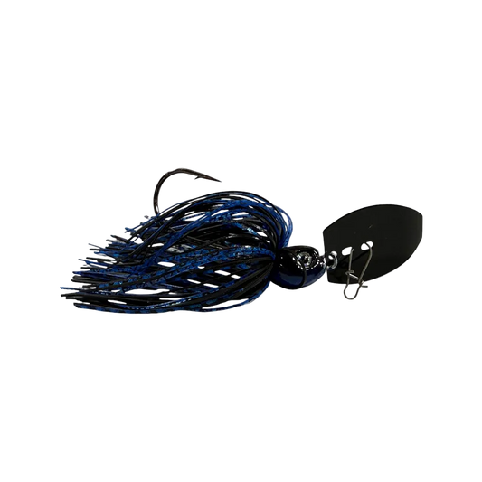 Fishing lure with blue and black details on a white background