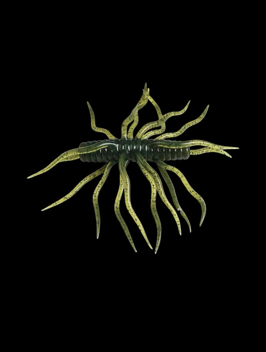 A soft plastic crawfish fishing lure with a segmented dark green body and glittery olive-green legs, isolated on a solid white background.
