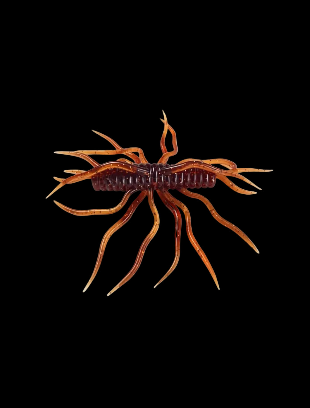 A soft plastic crawfish fishing lure in a translucent amber-brown color, isolated on a solid white background.