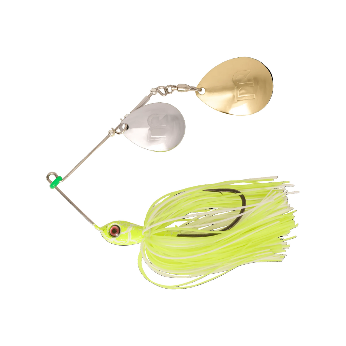 Spinnerbait with gold and silver blades and a bright green skirt on a white background