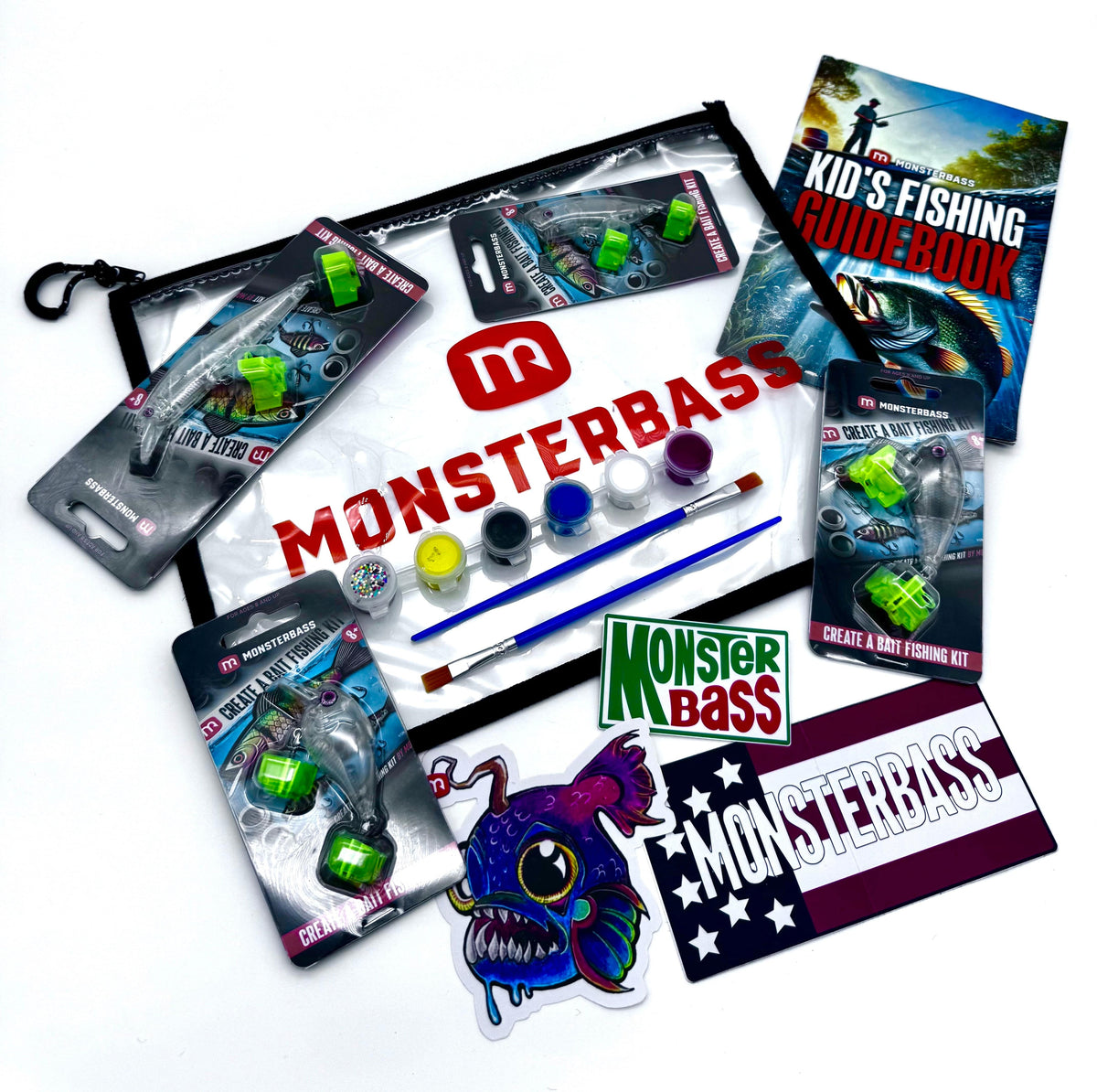 MONSTERBASS Kids Create a Bait Fishing Kit | Paint 3 Custom Lures | Beginner Fishing Kit | Activity Guidebook | Fun Size & Super Fun Size