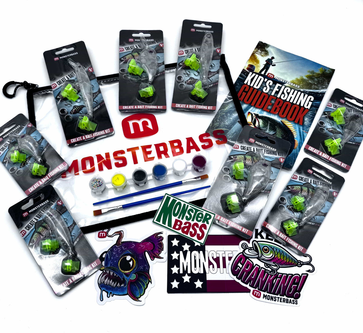 MONSTERBASS Kids Create a Bait Fishing Kit | Paint 3 Custom Lures | Beginner Fishing Kit | Activity Guidebook | Fun Size & Super Fun Size