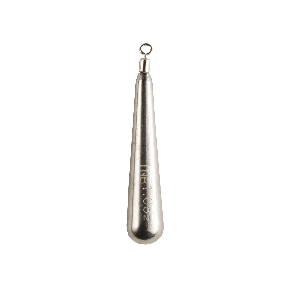A metallic silver sinker weight with a small hanging loop at the top, featuring the engraved text '2 OZ' on its tapered body, set against a solid dark green background.