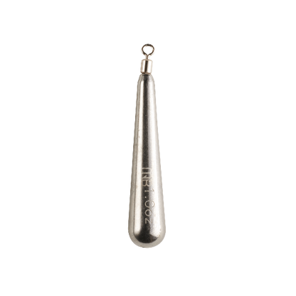 A metallic silver sinker weight with a small hanging loop at the top, featuring the engraved text '2 OZ' on its tapered body, set against a solid dark green background.