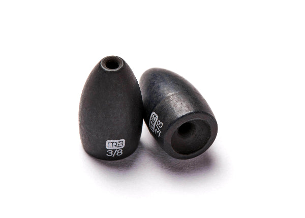 Two black fishing sinkers, one upright showing a white 'M2 3/8' marking and the other lying down showing a white 'M2' marking, on a white background.