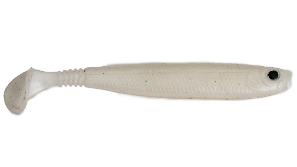 White fishing lure with a black eye on a white background