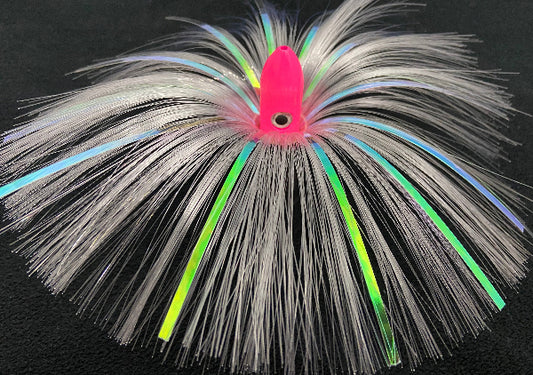 Fishing lure with multicolored fibers on a black background