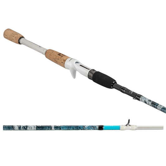 A fishing rod shown from two angles on a plain white background: a diagonal view showing the cork butt cap, white handle, black grip, and dark patterned shaft, plus a horizontal close-up of the patterned blank and blue handle section.