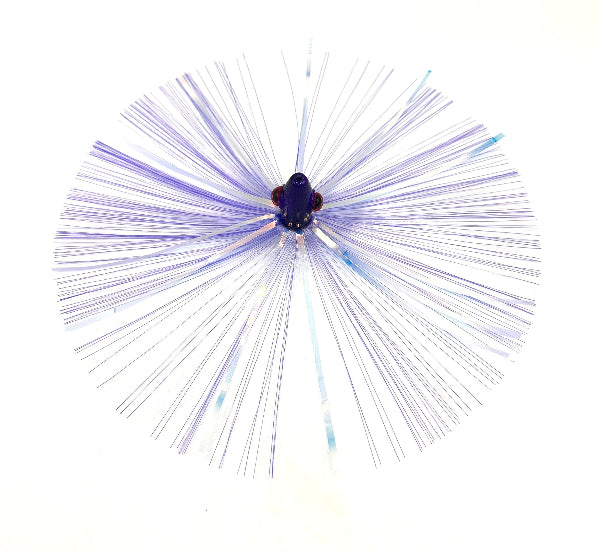 Fiber optic cable with blue and white strands on a white background