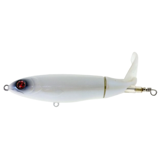 Fishing lure with a white body and red eye on a white background