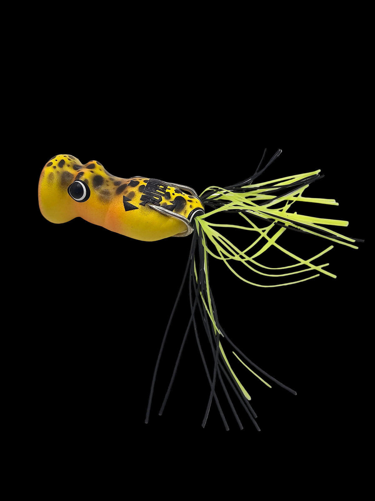 Fishing lure with a yellow body and black and green tail on a white background
