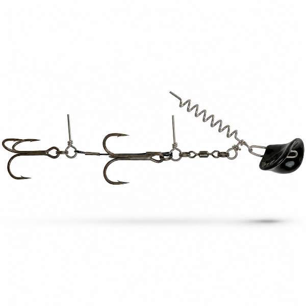 A fishing jig head with three treble hooks, a coiled spring, and a black lip, shown against a plain white background.