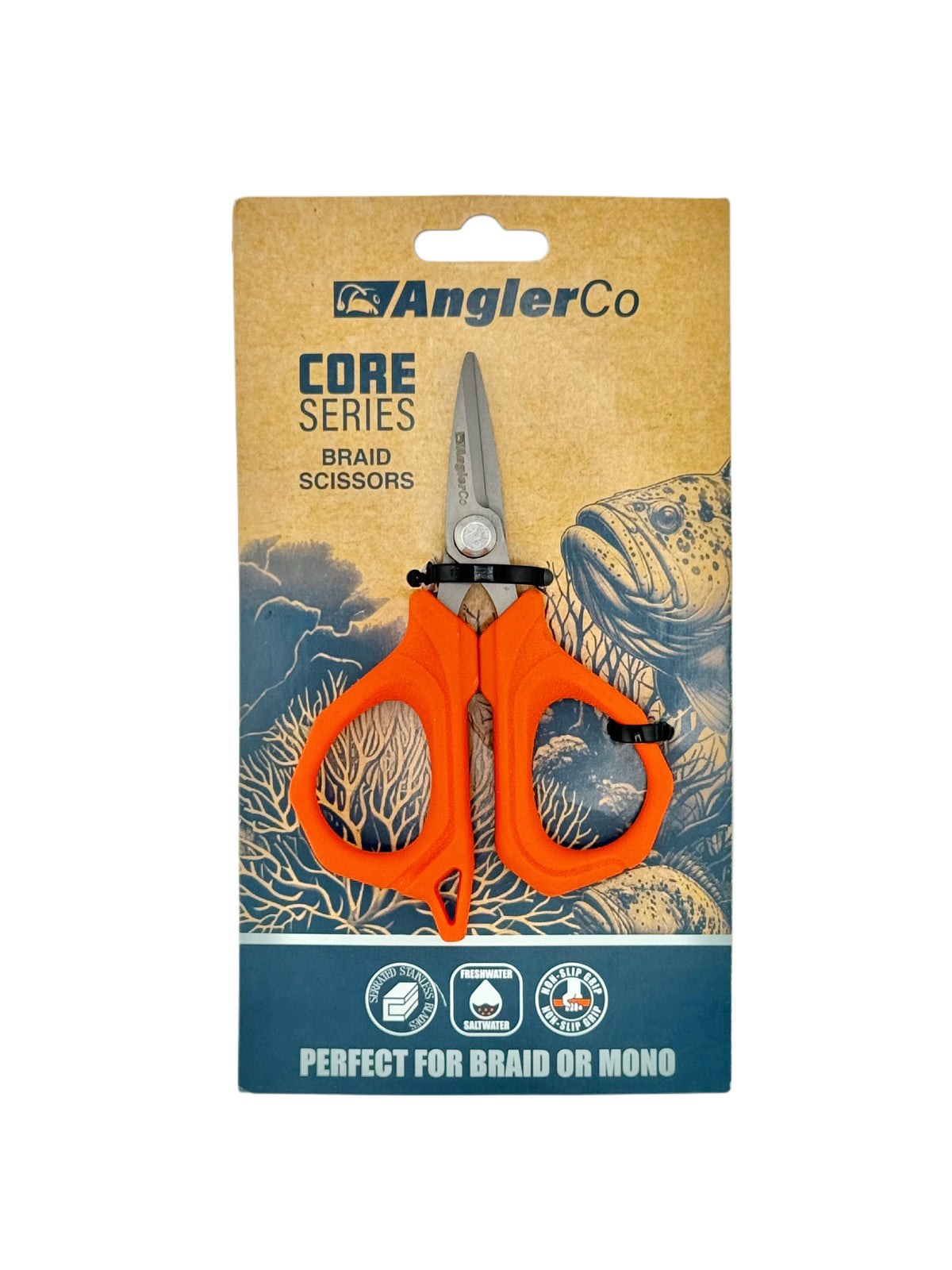 AnglerCo Core Series Braid Scissors | Teflon-Coated Stainless | Serrated Braid Edge | Saltwater