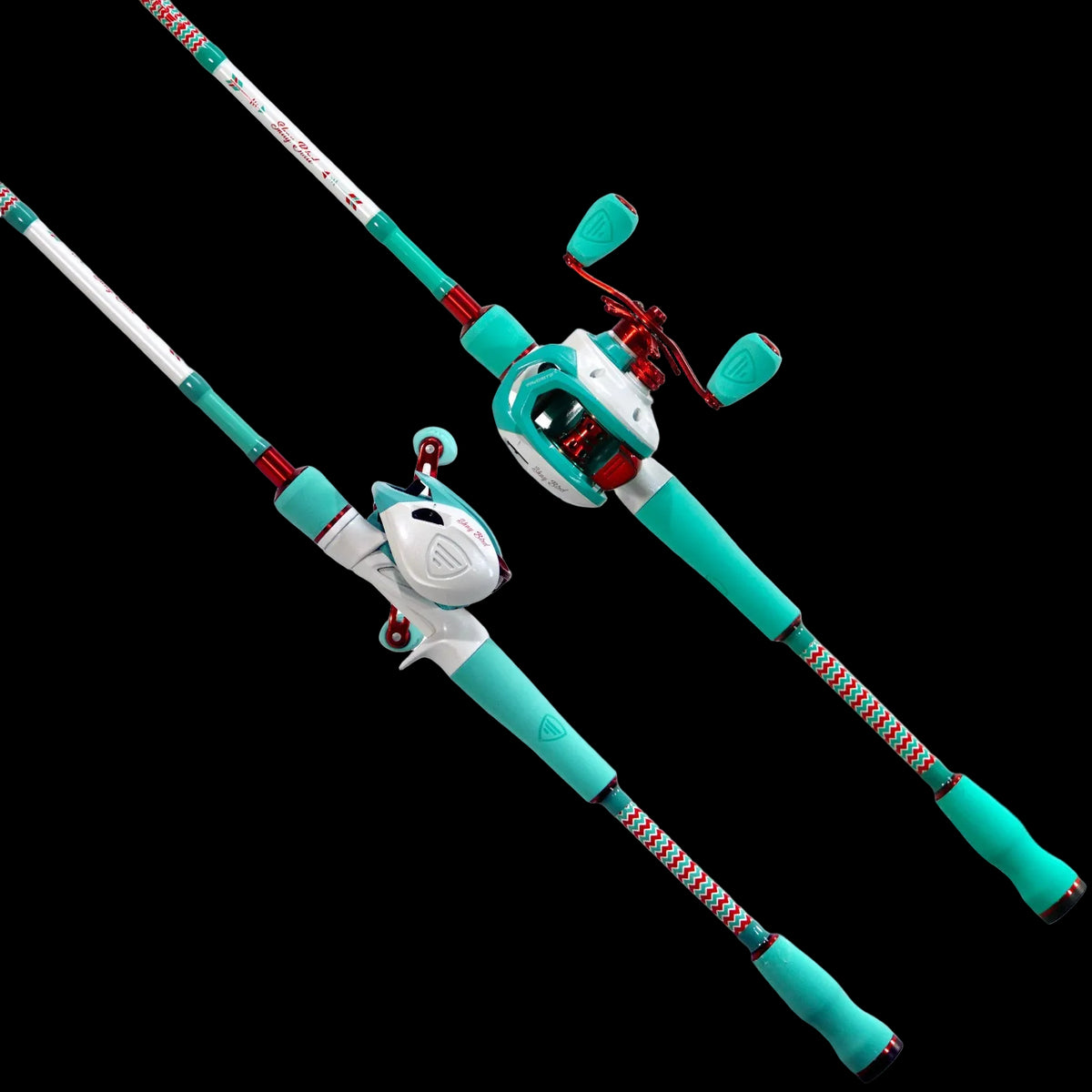 Teal and white fishing rod and reel set on a white background