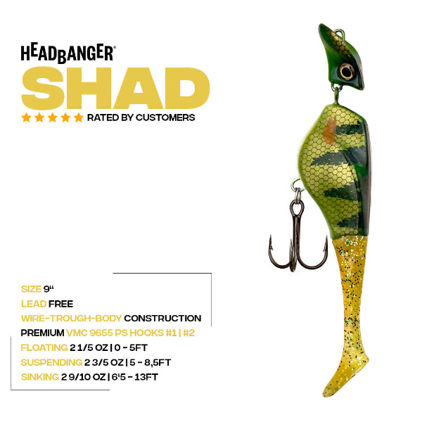 Headbanger Shad fishing lure with specifications on a white background