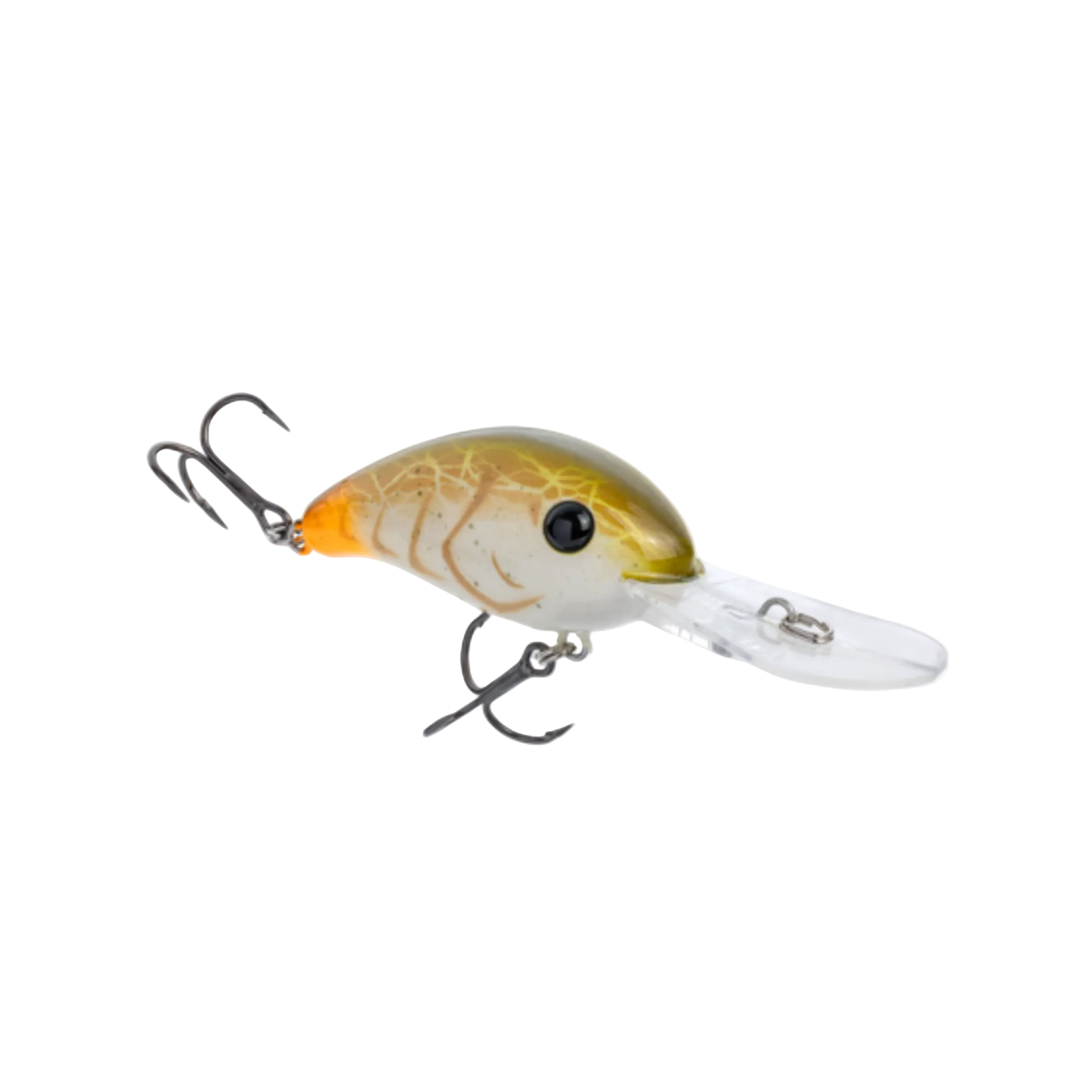 Fishing lure with a gold and orange body on a white background