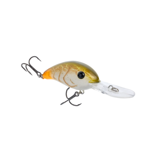 Fishing lure with a gold and orange body on a white background