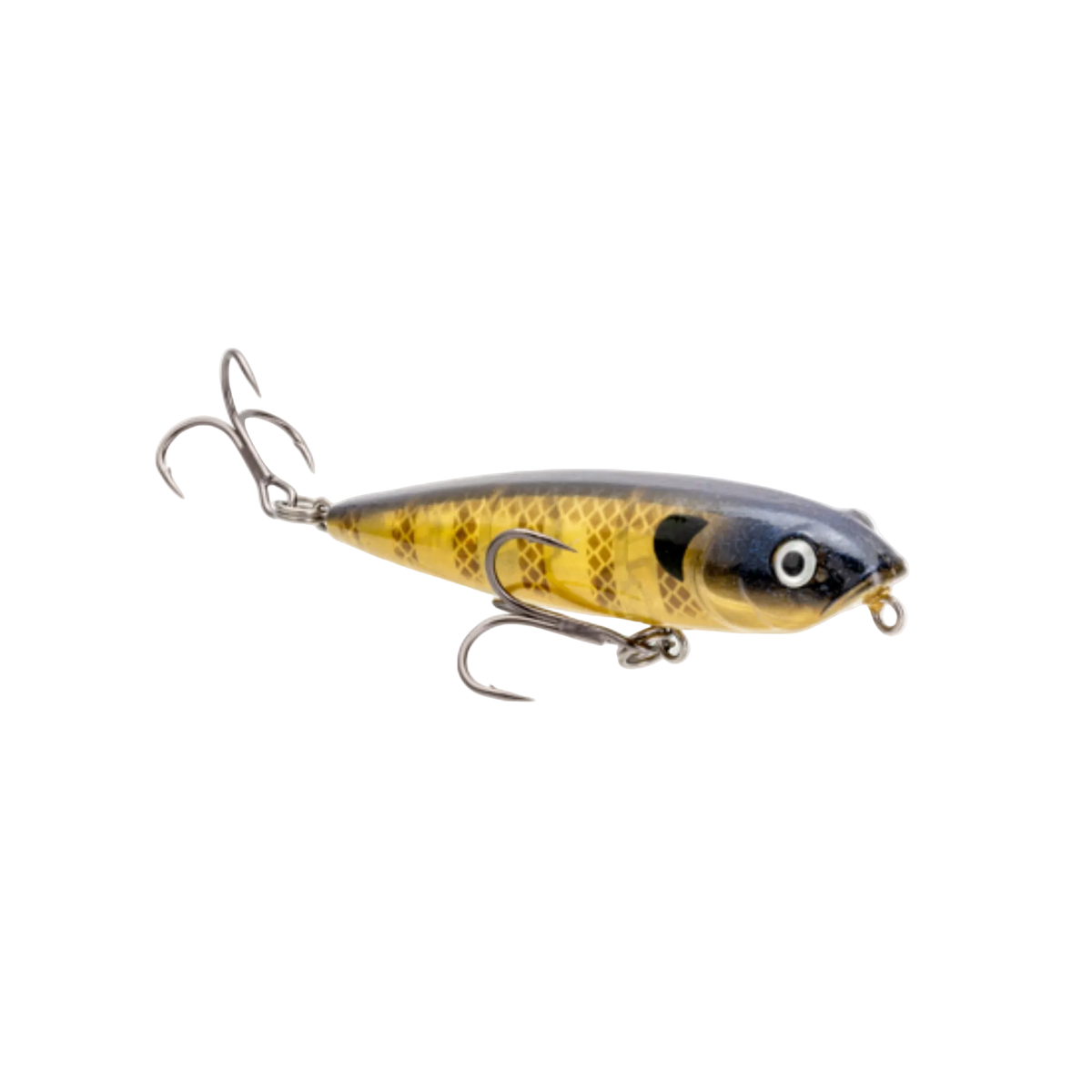 Fishing lure with a black and yellow pattern on a white background