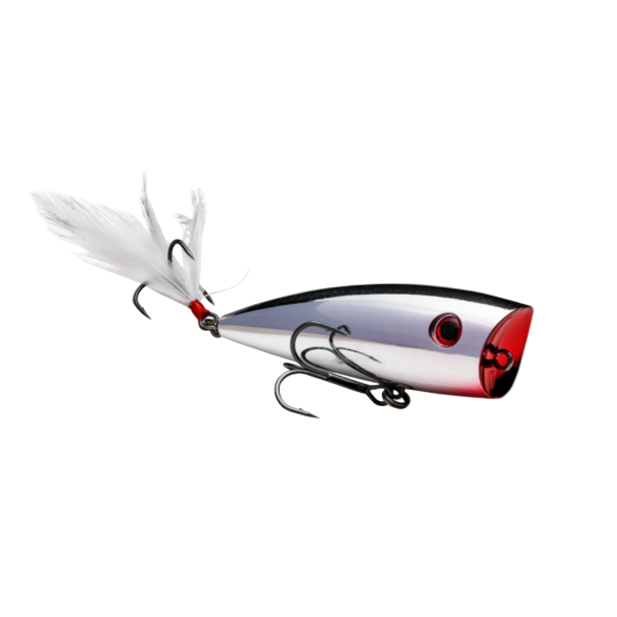 Fishing lure with a white and red design on a white background