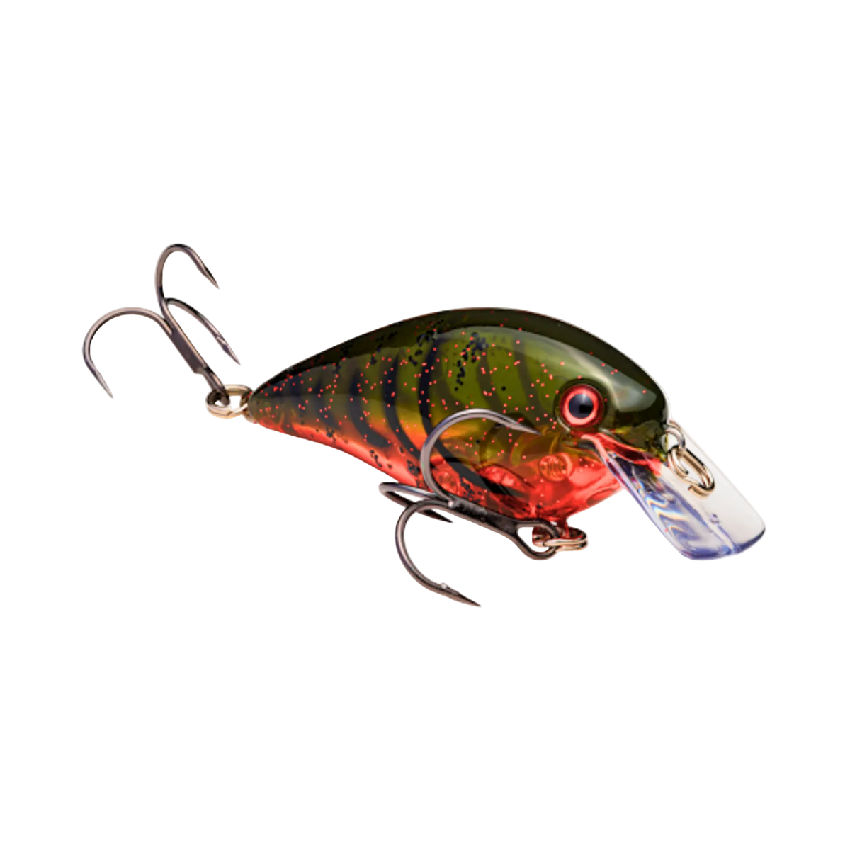 Fishing lure with a red and green body on a white background