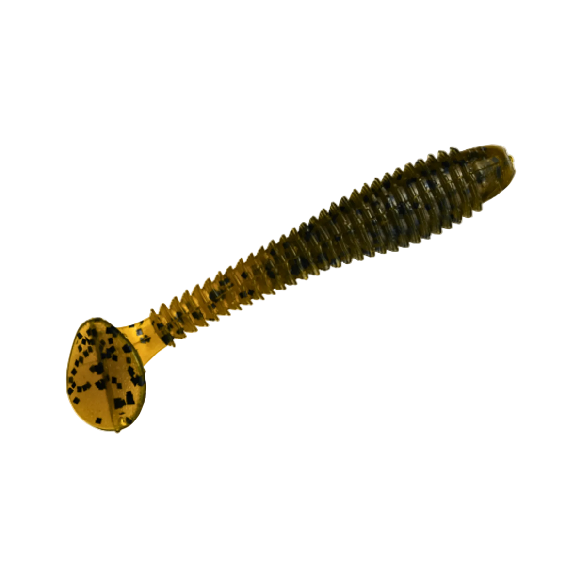 Fishing lure with a ribbed body and spotted head on a white background