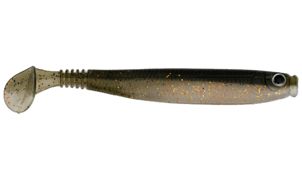 Fishing lure with a black and gold pattern on a white background